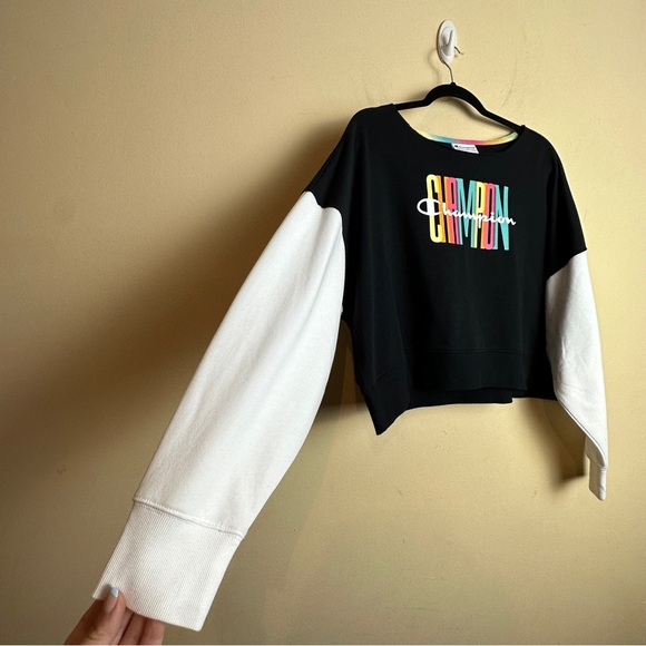 Champion Campus French Terry Crewneck Sweatshirt Black White Rainbow Size Large - Picture 3 of 12